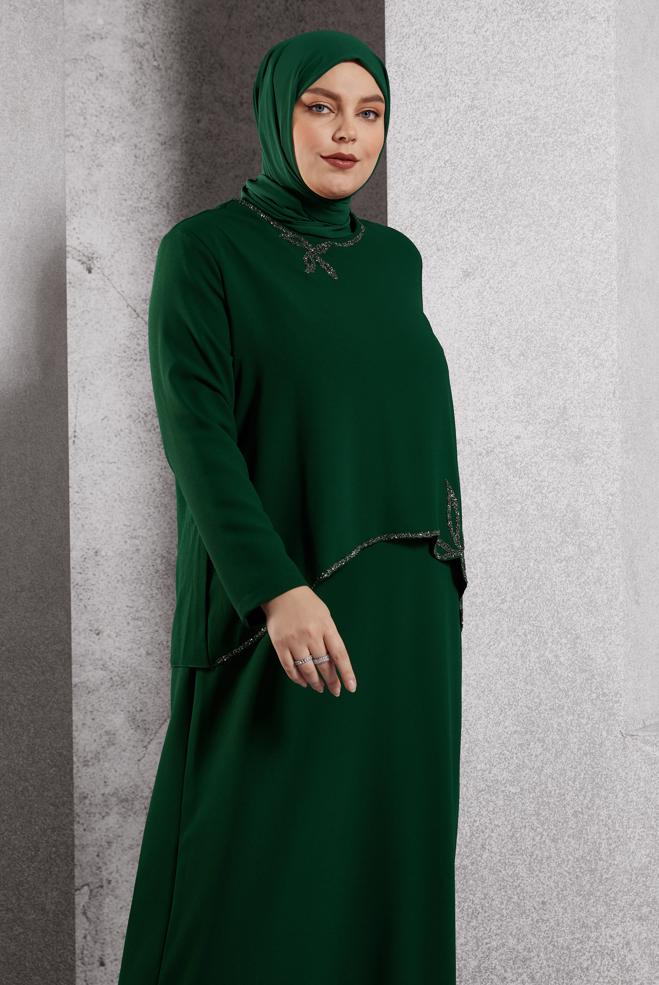 Vêtements hijab VERT ROBE DE SOIRÉE AVEC BIJOU 20622 - ALVİNA