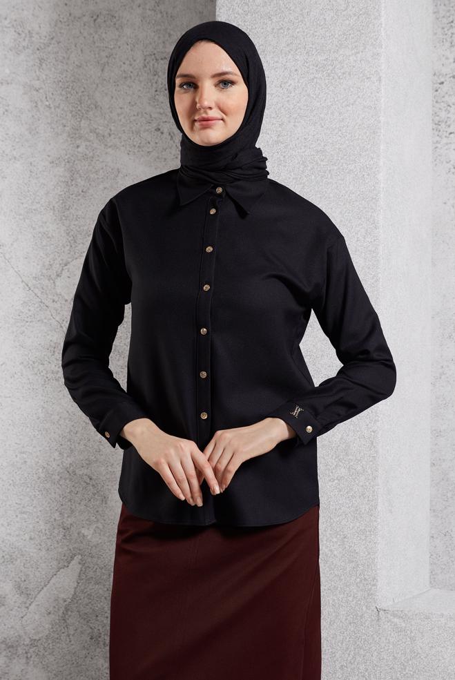 Vêtements hijab NOIR BLOUSE COL CHEMISE 45126 - ALVİNA
