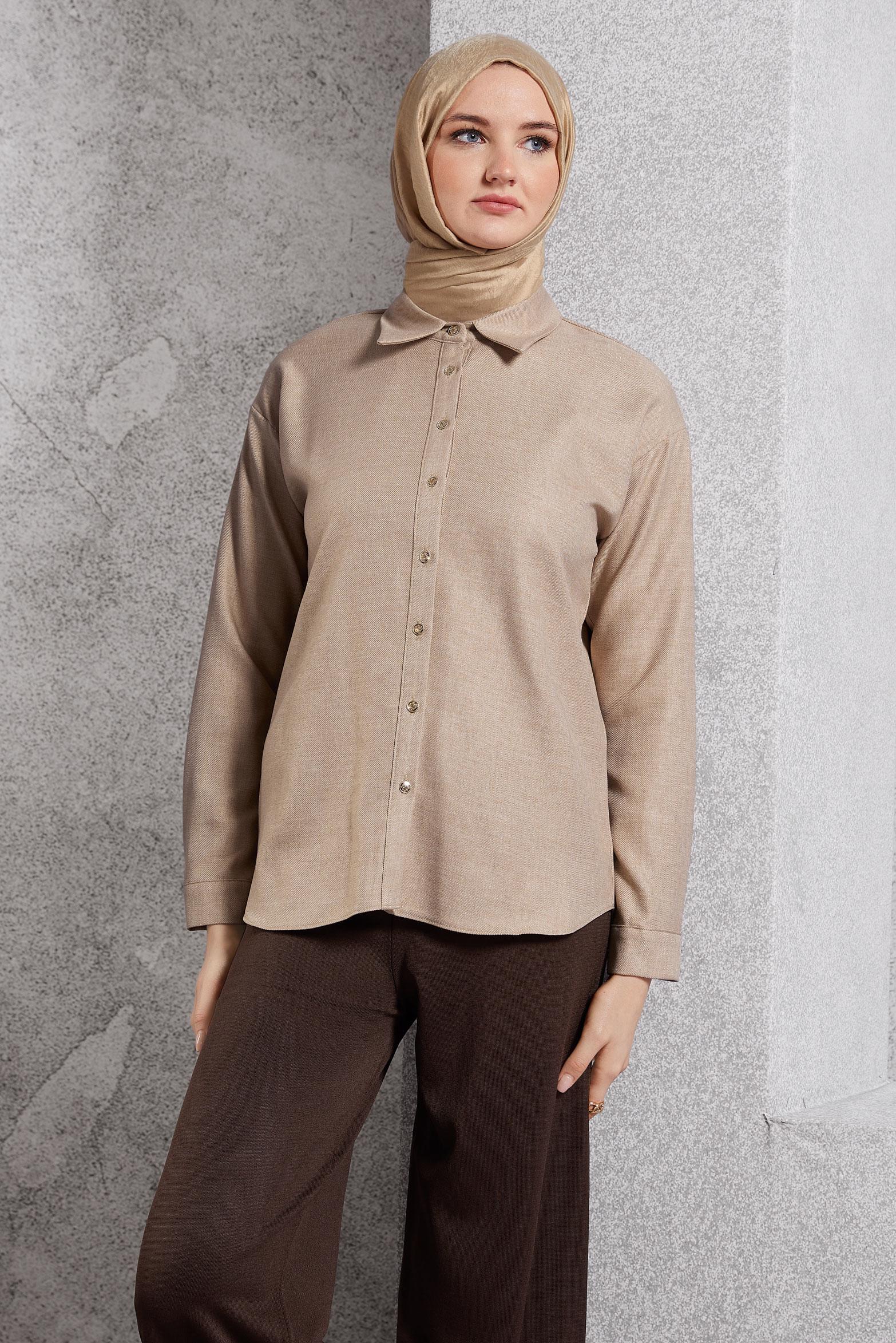 Vêtements hijab BEIGE BLOUSE COL CHEMISE 45126