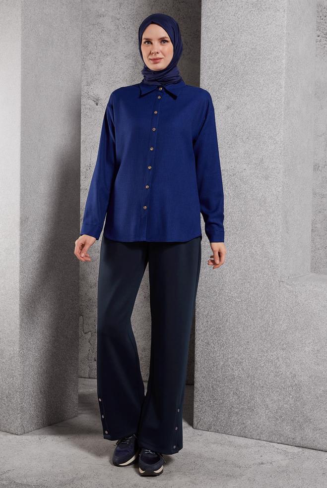 Vêtements hijab BLEU MARINE BLOUSE COL CHEMISE 45126 - ALVİNA