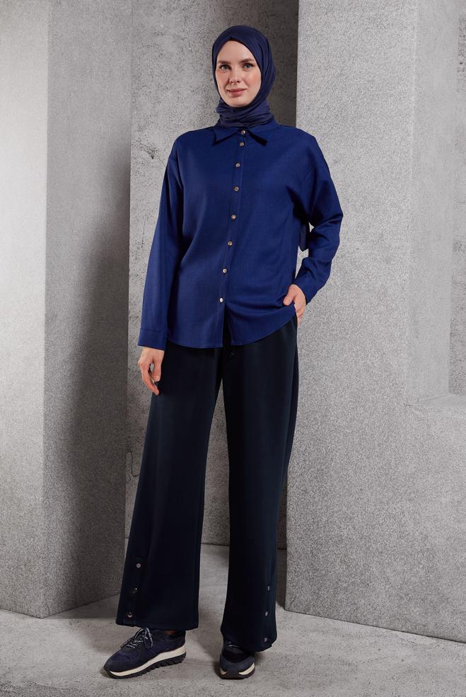 Vêtements hijab BLEU MARINE BLOUSE COL CHEMISE 45126 - ALVİNA