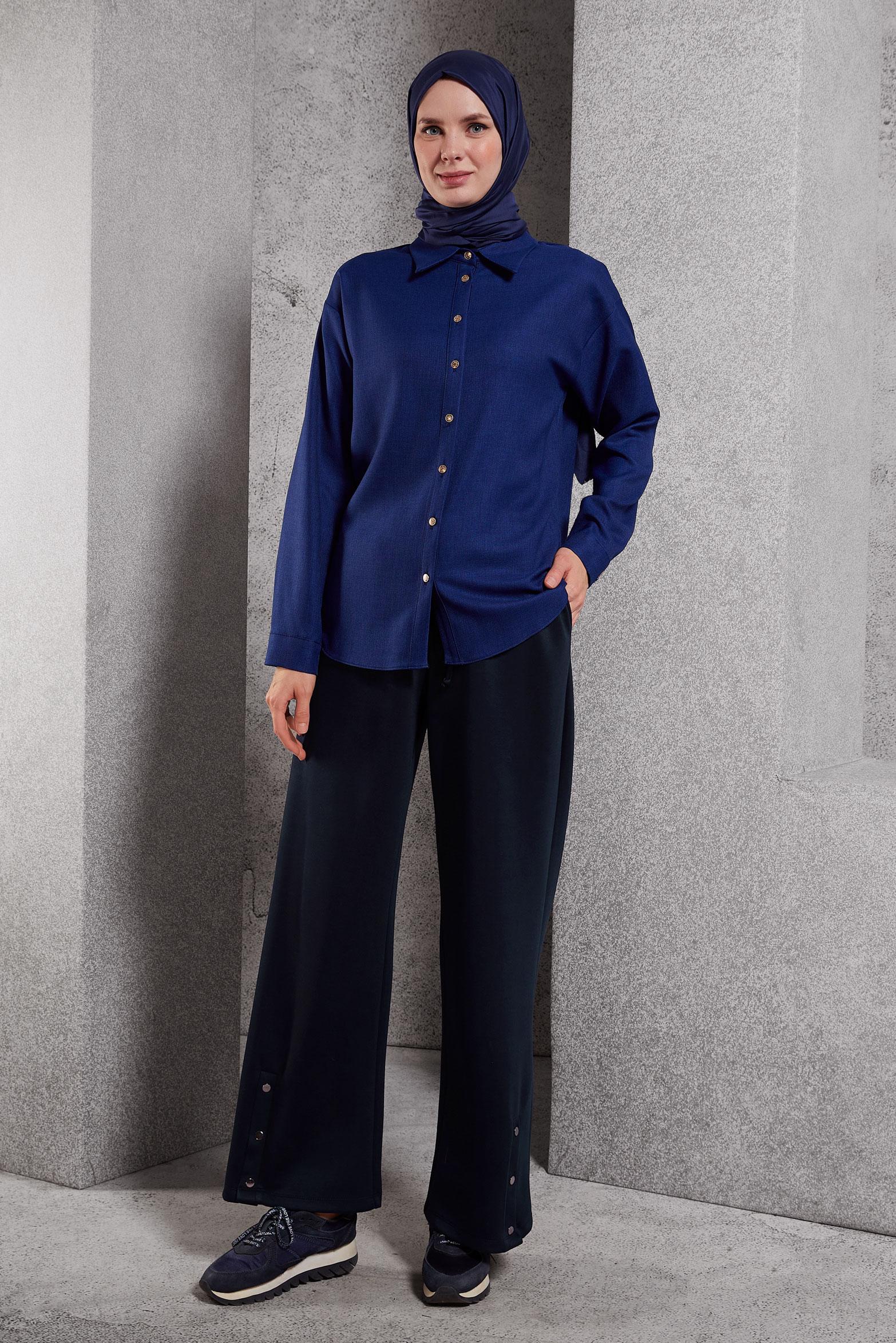 Tesettür giyim LACİVERT GÖMLEK YAKA BLUZ 45126