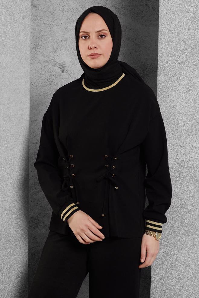 Vêtements hijab NOIR BLOUSE À DÉTAILS CRAVATE 45211 - ALVİNA