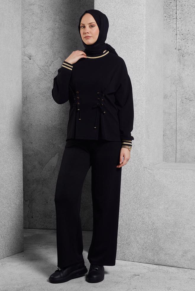 Vêtements hijab NOIR BLOUSE À DÉTAILS CRAVATE 45211 - ALVİNA