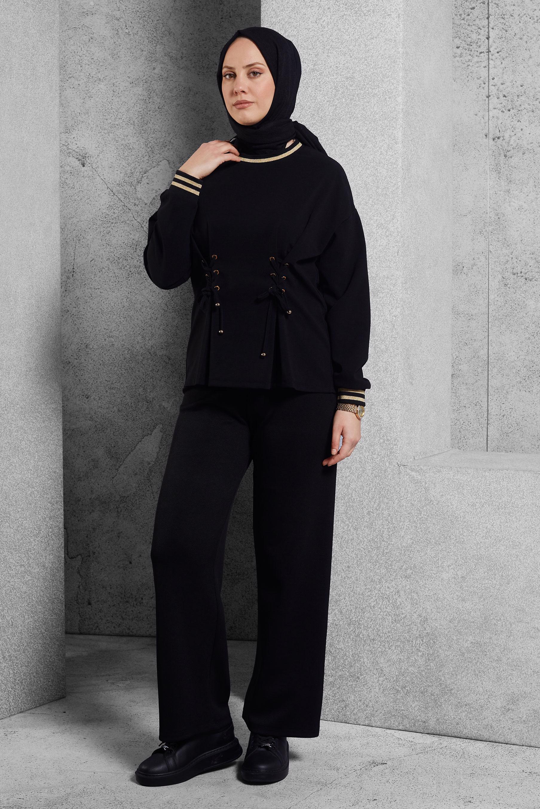 Tesettür giyim SİYAH BAĞCIK DETAYLI BLUZ 45211