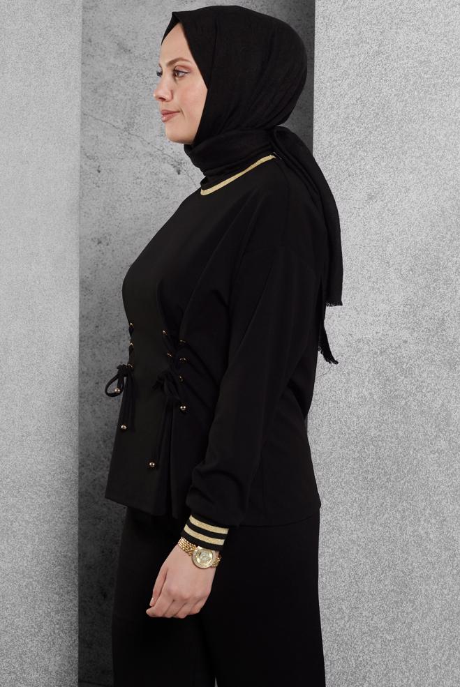 Vêtements hijab NOIR BLOUSE À DÉTAILS CRAVATE 45211 - ALVİNA