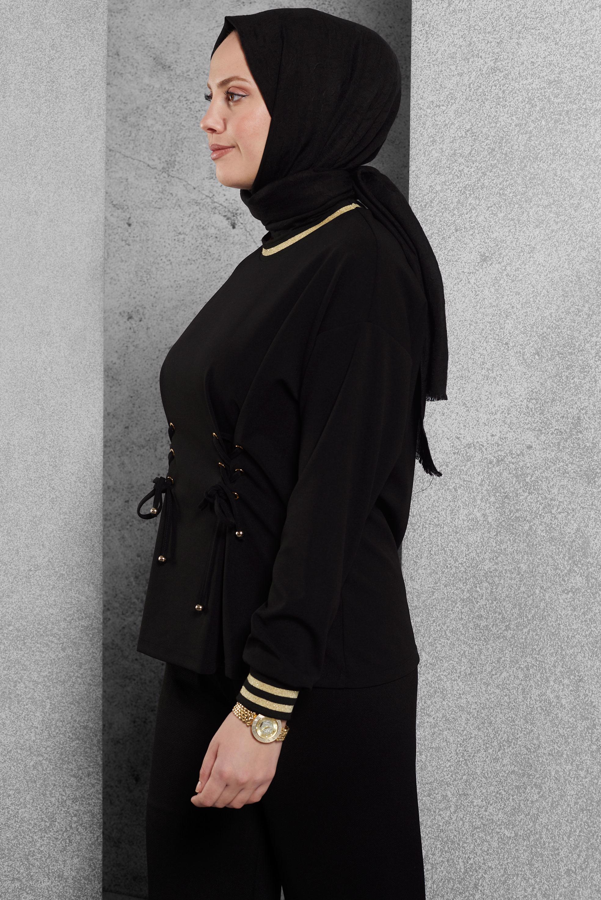 Tesettür giyim SİYAH BAĞCIK DETAYLI BLUZ 45211