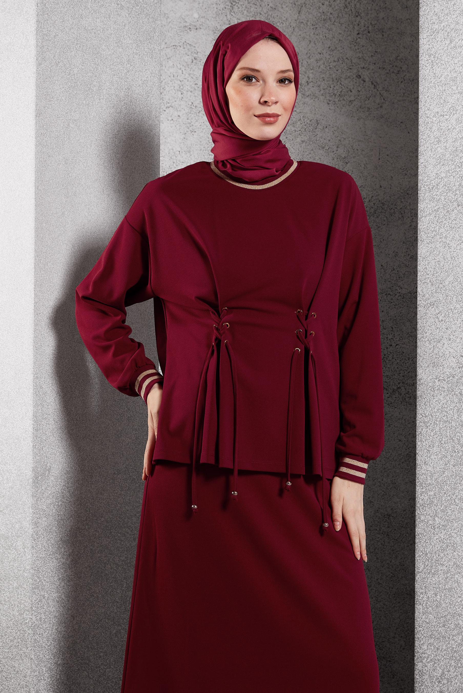 Tesettür giyim KIRMIZI BAĞCIK DETAYLI BLUZ 45211