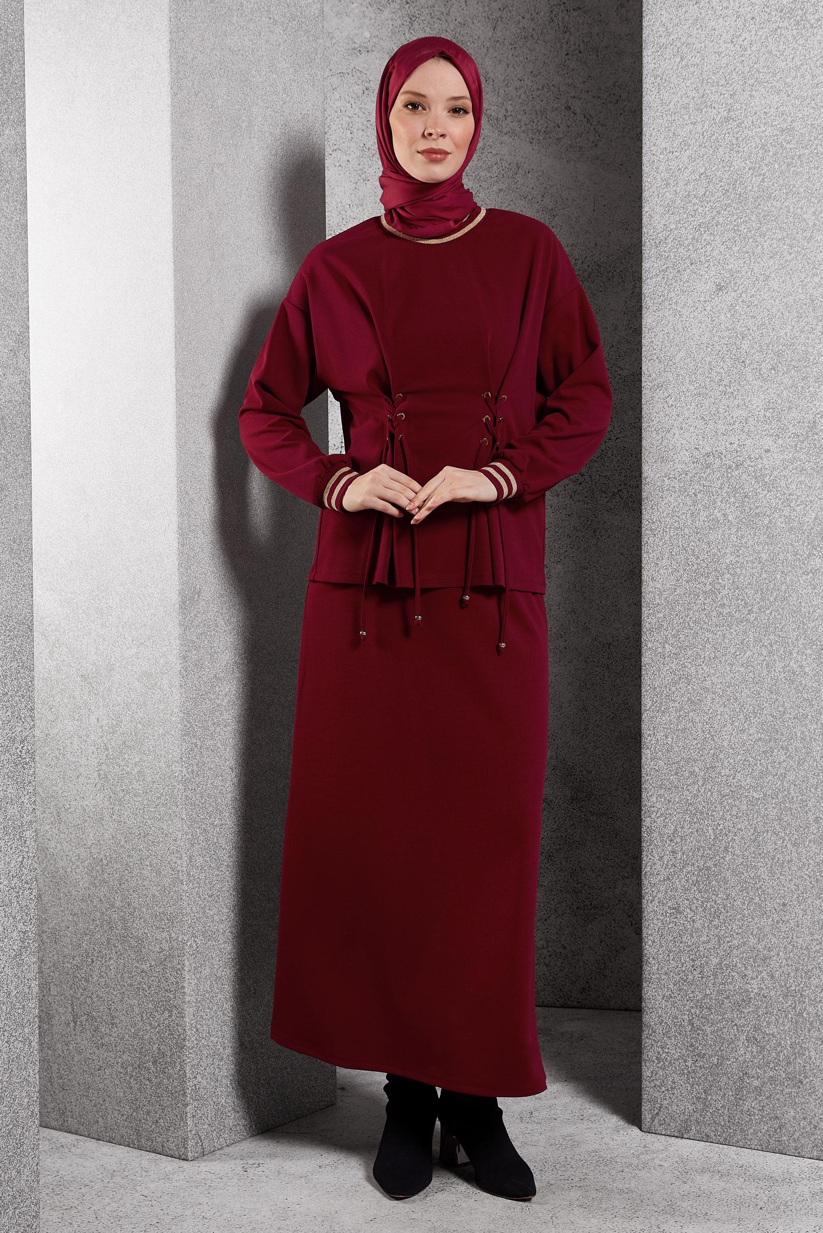 Tesettür giyim KIRMIZI BAĞCIK DETAYLI BLUZ 45211