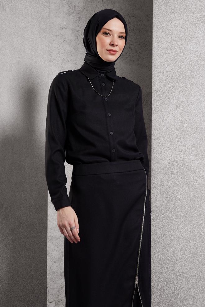 Vêtements hijab NOIR BLOUSE COL CHEMISE 45240 - ALVİNA