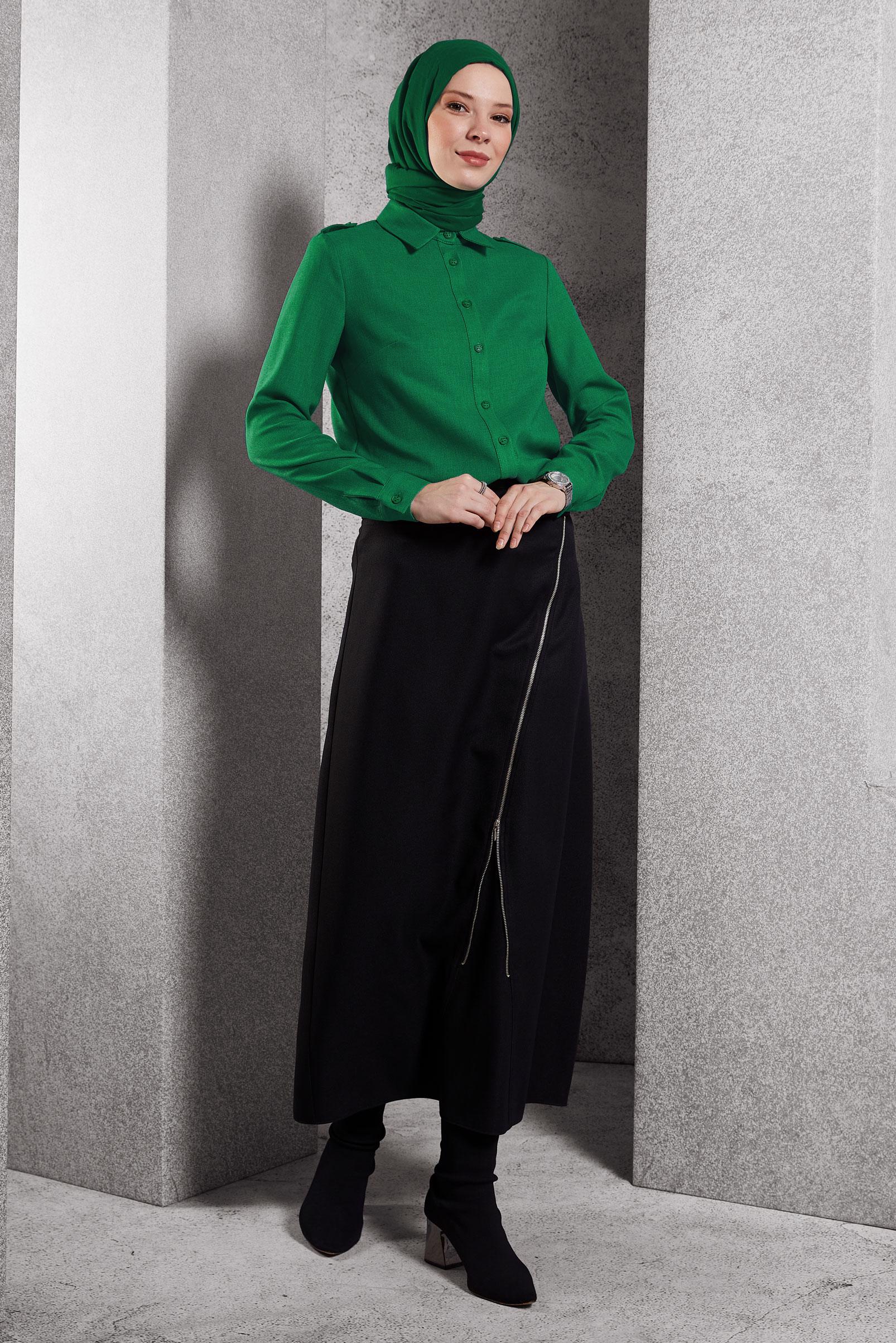 Tesettür giyim YEŞİL GÖMLEK YAKA BLUZ 45240