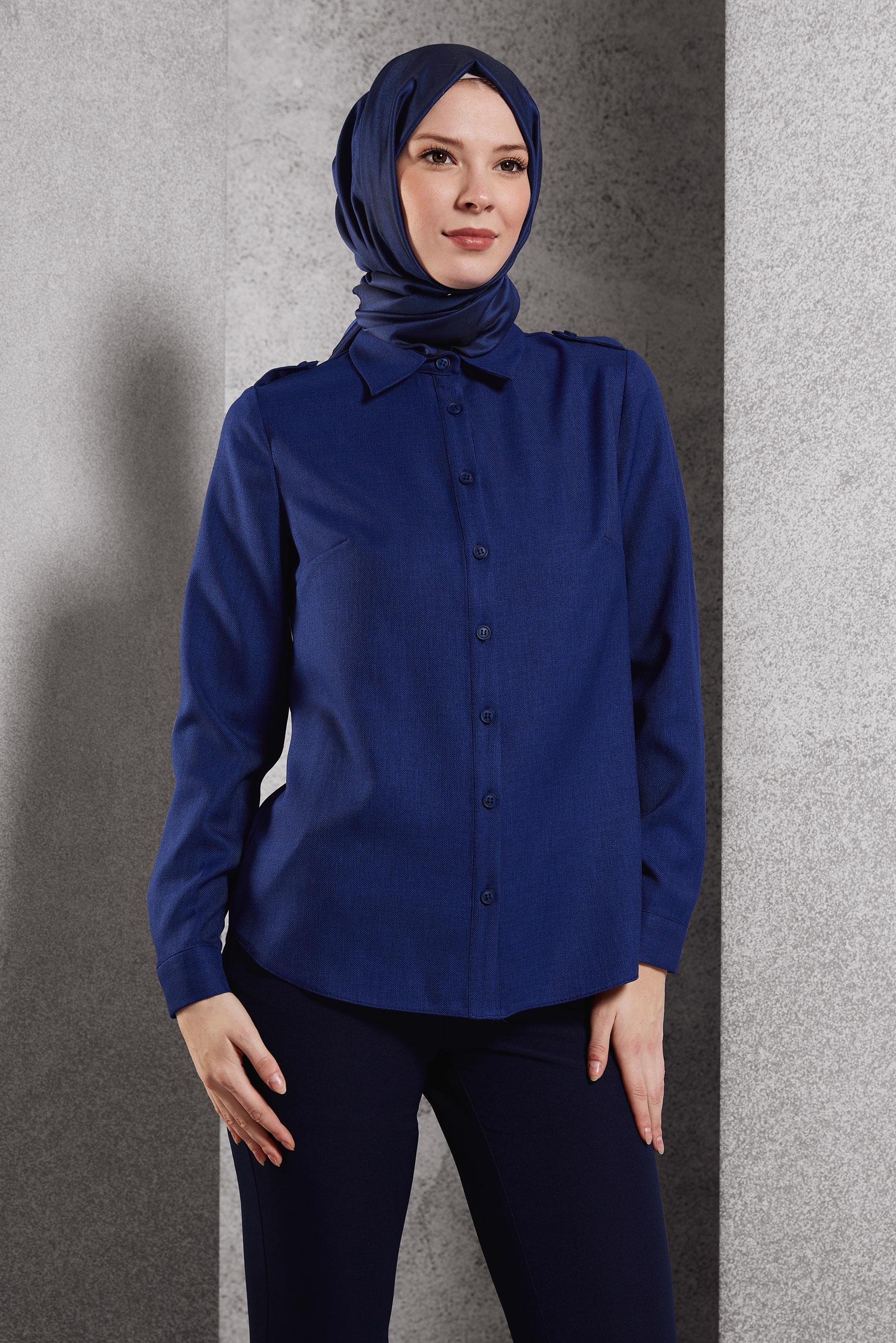 Tesettür giyim LACİVERT GÖMLEK YAKA BLUZ 45240