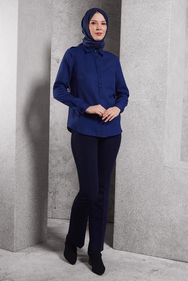 Vêtements hijab BLEU MARINE BLOUSE COL CHEMISE 45240 - ALVİNA