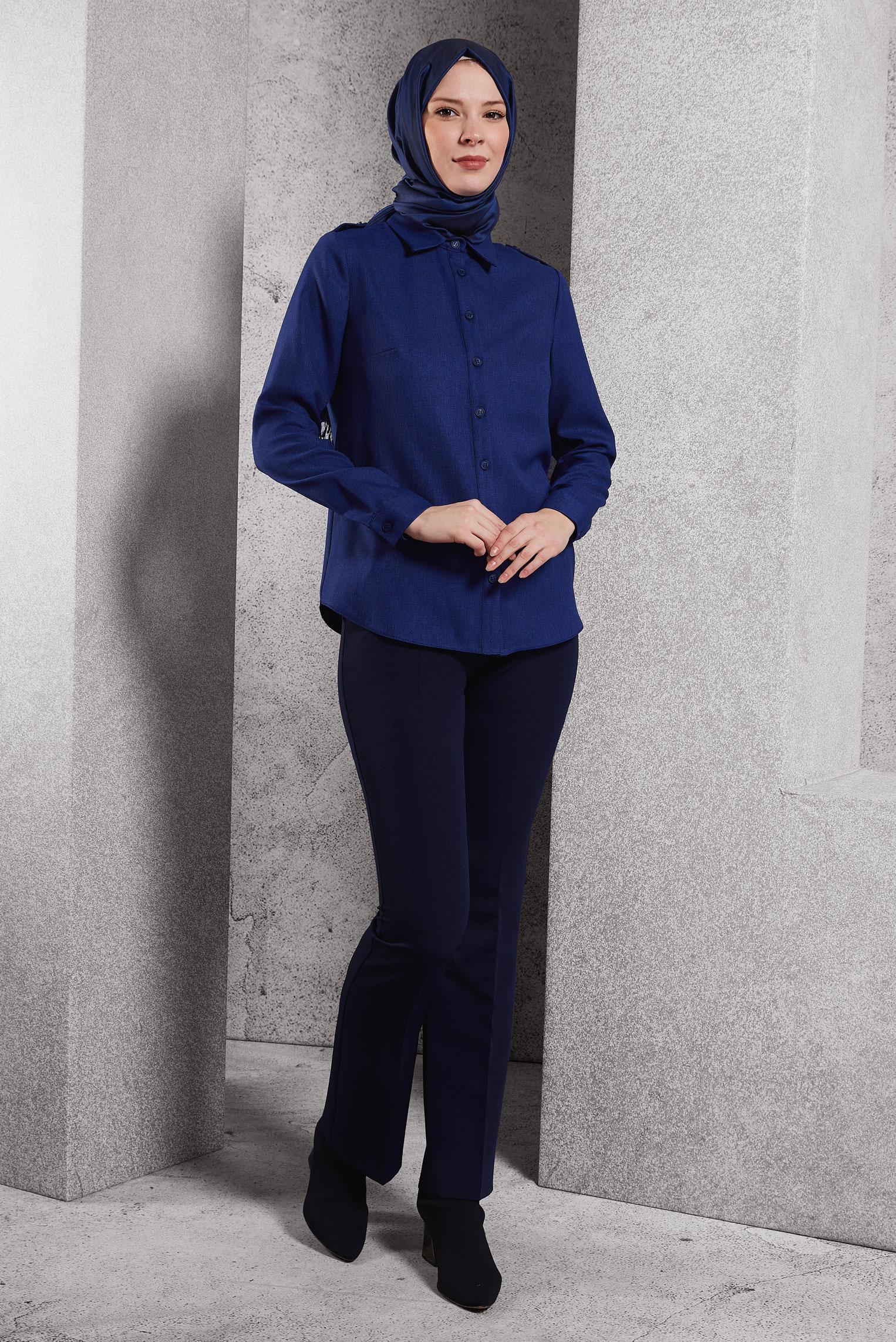 Tesettür giyim LACİVERT GÖMLEK YAKA BLUZ 45240