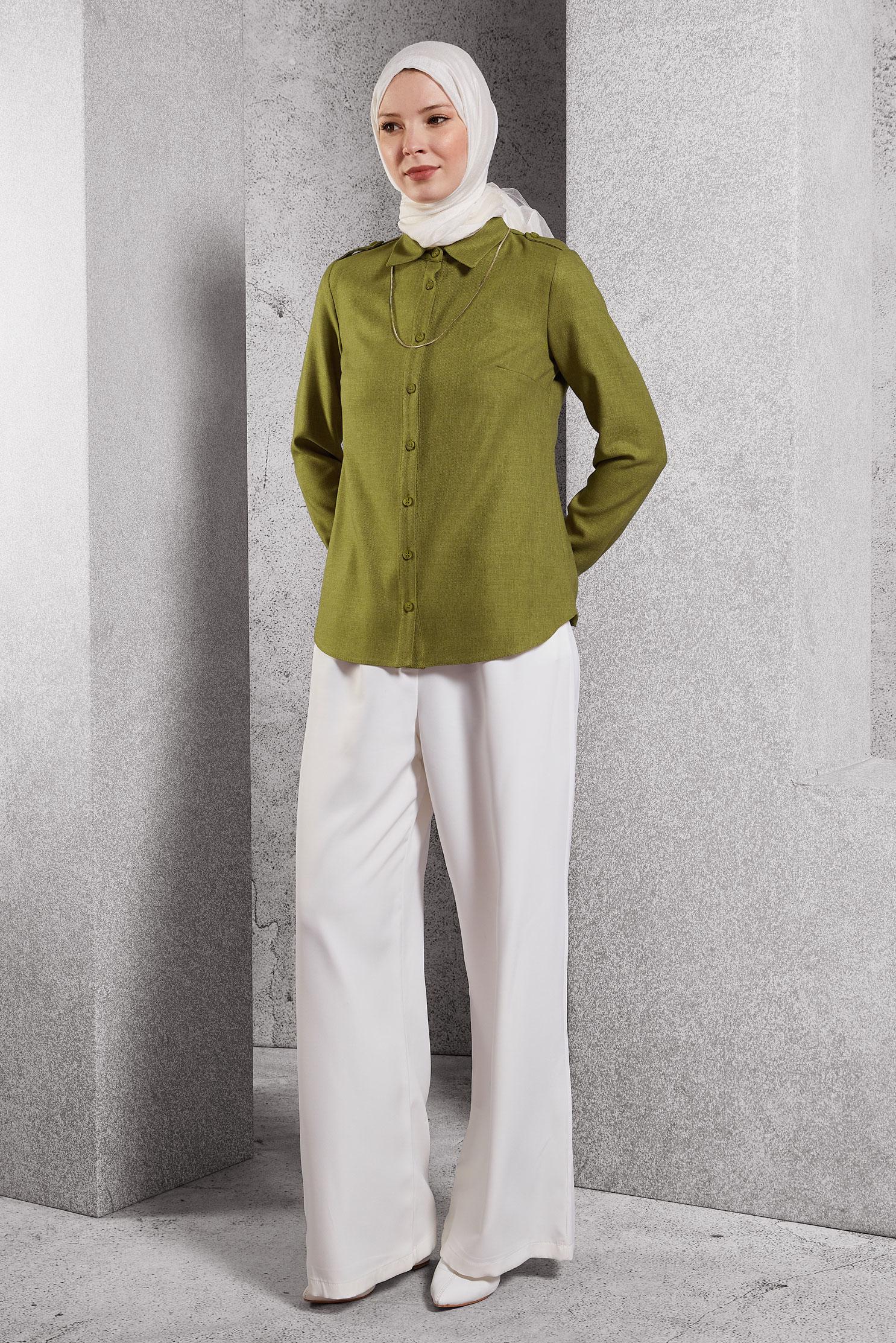 Tesettür giyim YEŞİL GÖMLEK YAKA BLUZ 45240