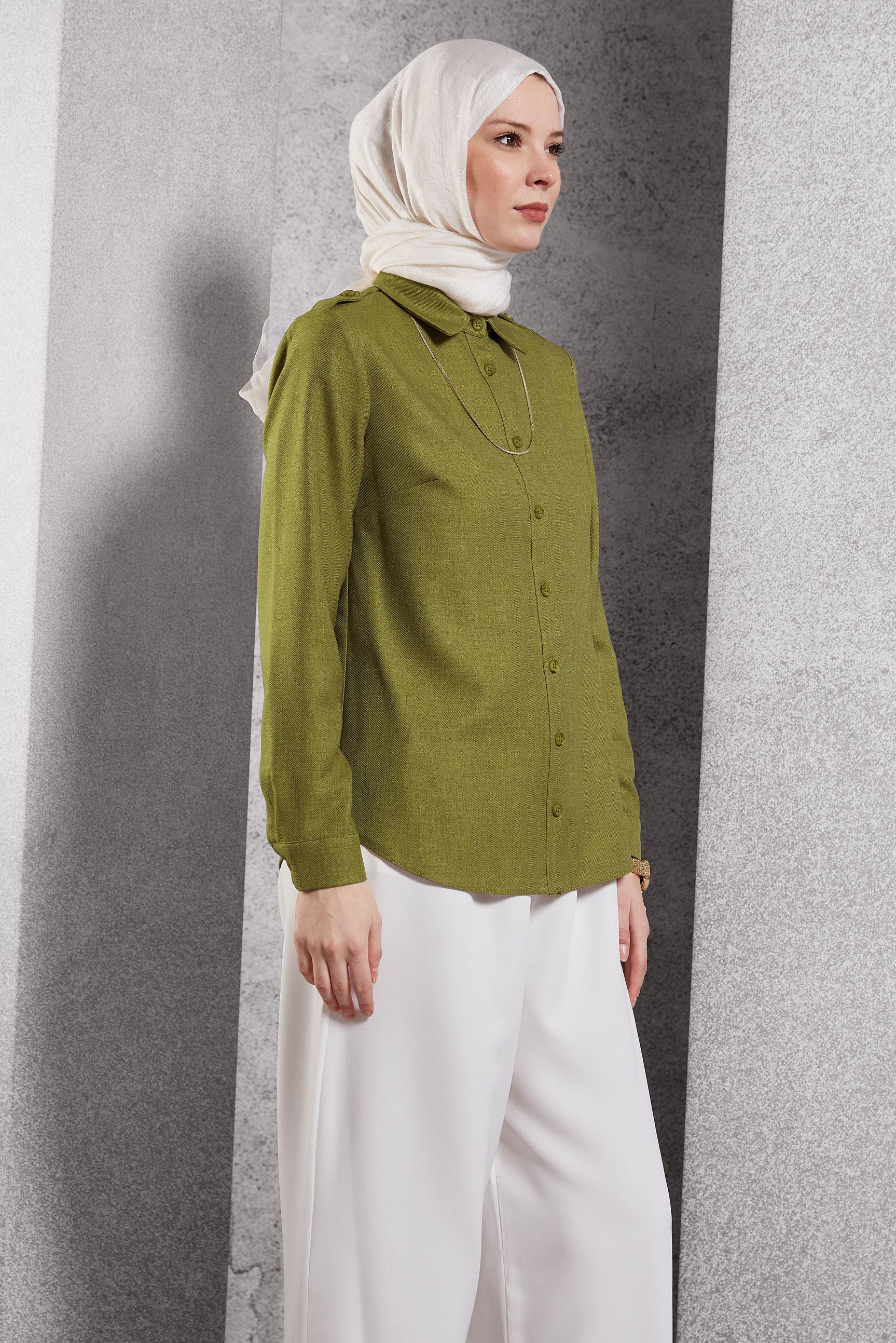 Tesettür giyim YEŞİL GÖMLEK YAKA BLUZ 45240