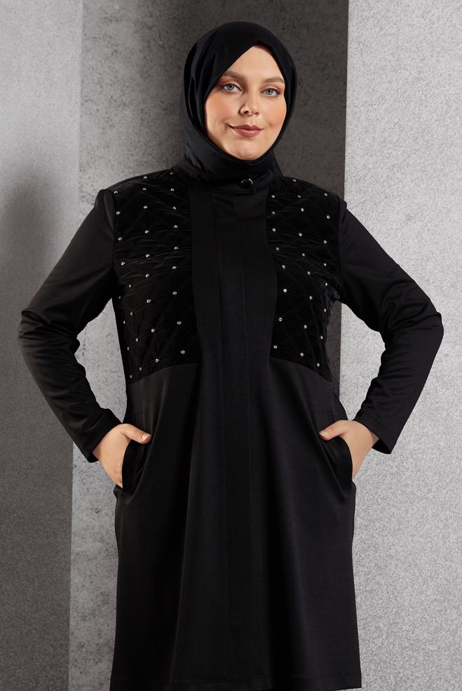 Vêtements hijab NOIR VESTE AVEC GEMME 20630 - ALVİNA