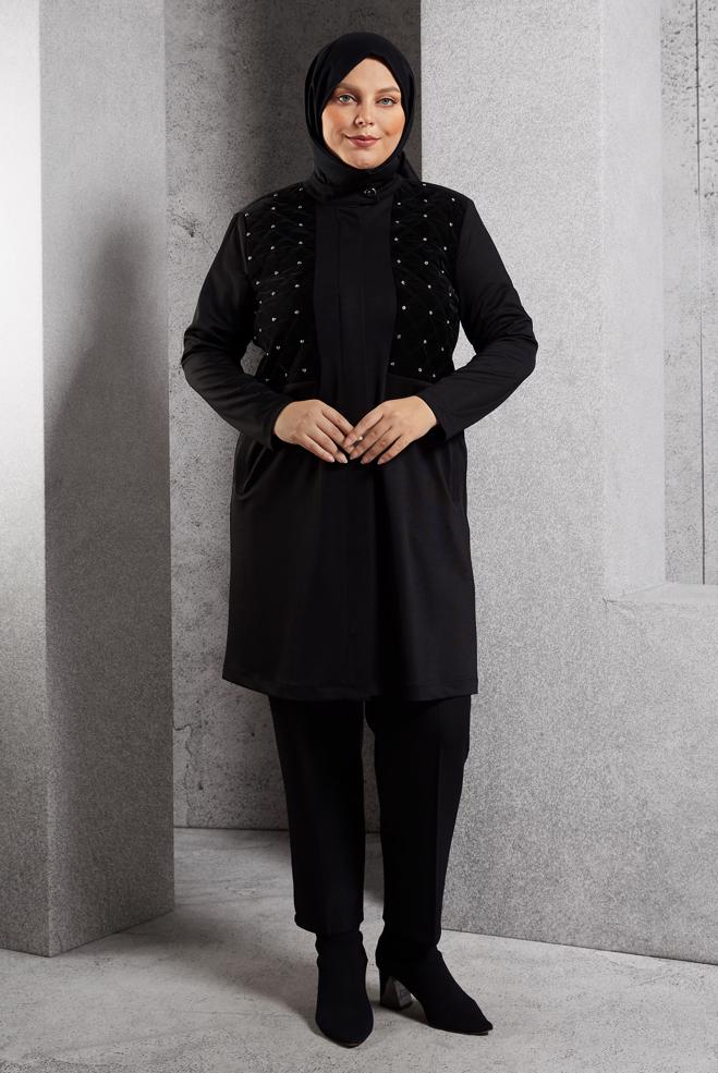 Vêtements hijab NOIR VESTE AVEC GEMME 20630 - ALVİNA
