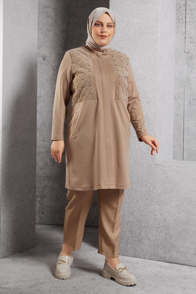 Vêtements hijab BEIGE VESTE AVEC GEMME 20630 - ALVİNA