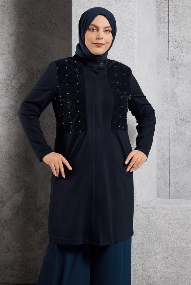 Vêtements hijab BLEU MARINE VESTE AVEC GEMME 20630 - ALVİNA