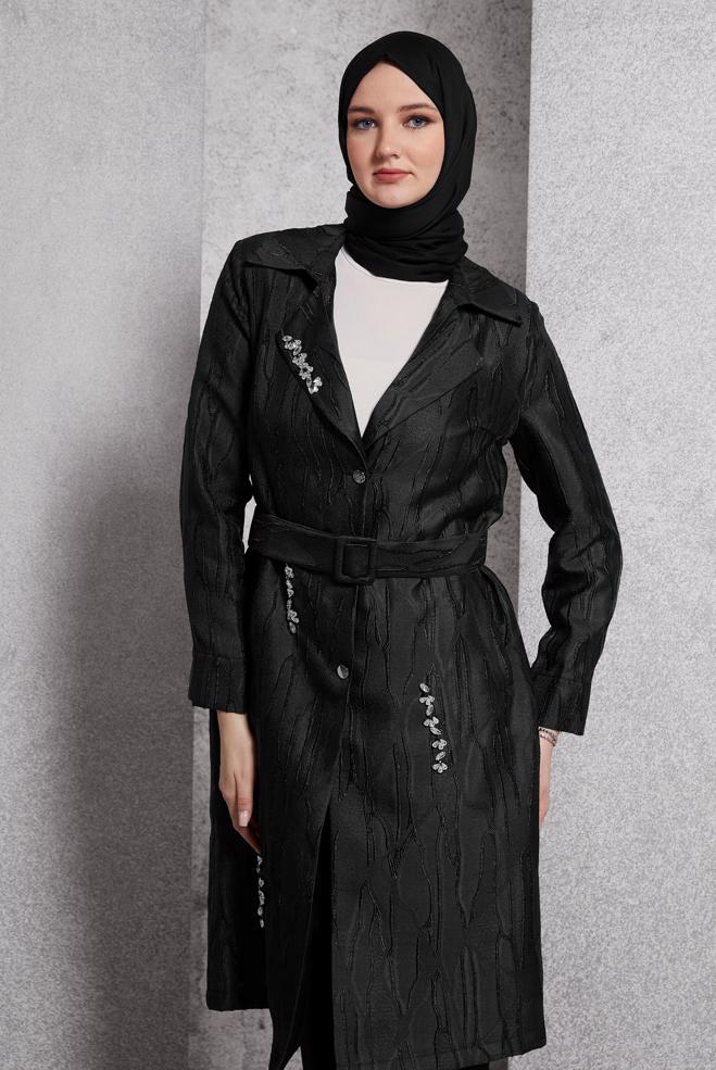 Vêtements hijab NOIR VESTE CEINTURÉE 44736 - ALVİNA
