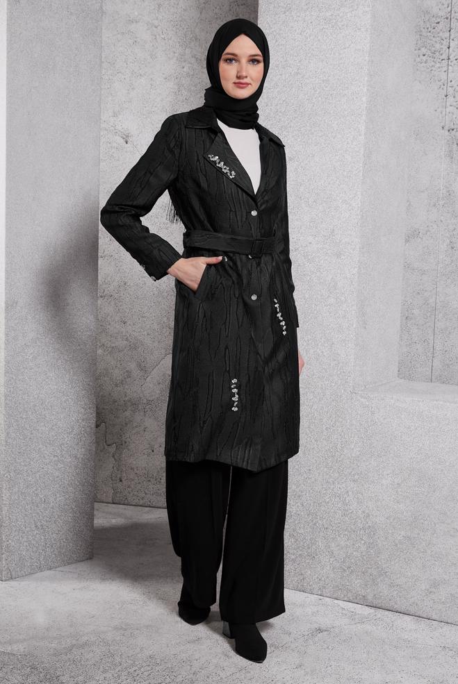 Vêtements hijab NOIR VESTE CEINTURÉE 44736 - ALVİNA