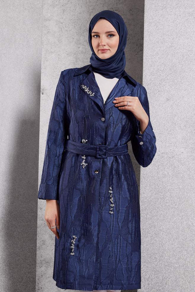 Vêtements hijab BLEU MARINE VESTE CEINTURÉE 44736 - ALVİNA
