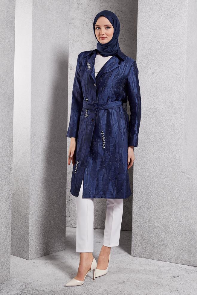 Vêtements hijab BLEU MARINE VESTE CEINTURÉE 44736 - ALVİNA