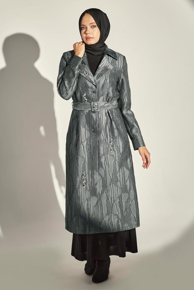 Vêtements hijab GRIS VESTE CEINTURÉE 44736 - ALVİNA