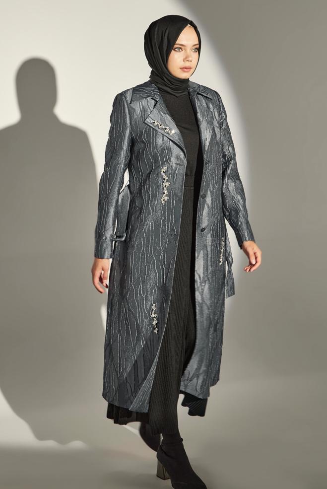 Vêtements hijab GRIS VESTE CEINTURÉE 44736 - ALVİNA
