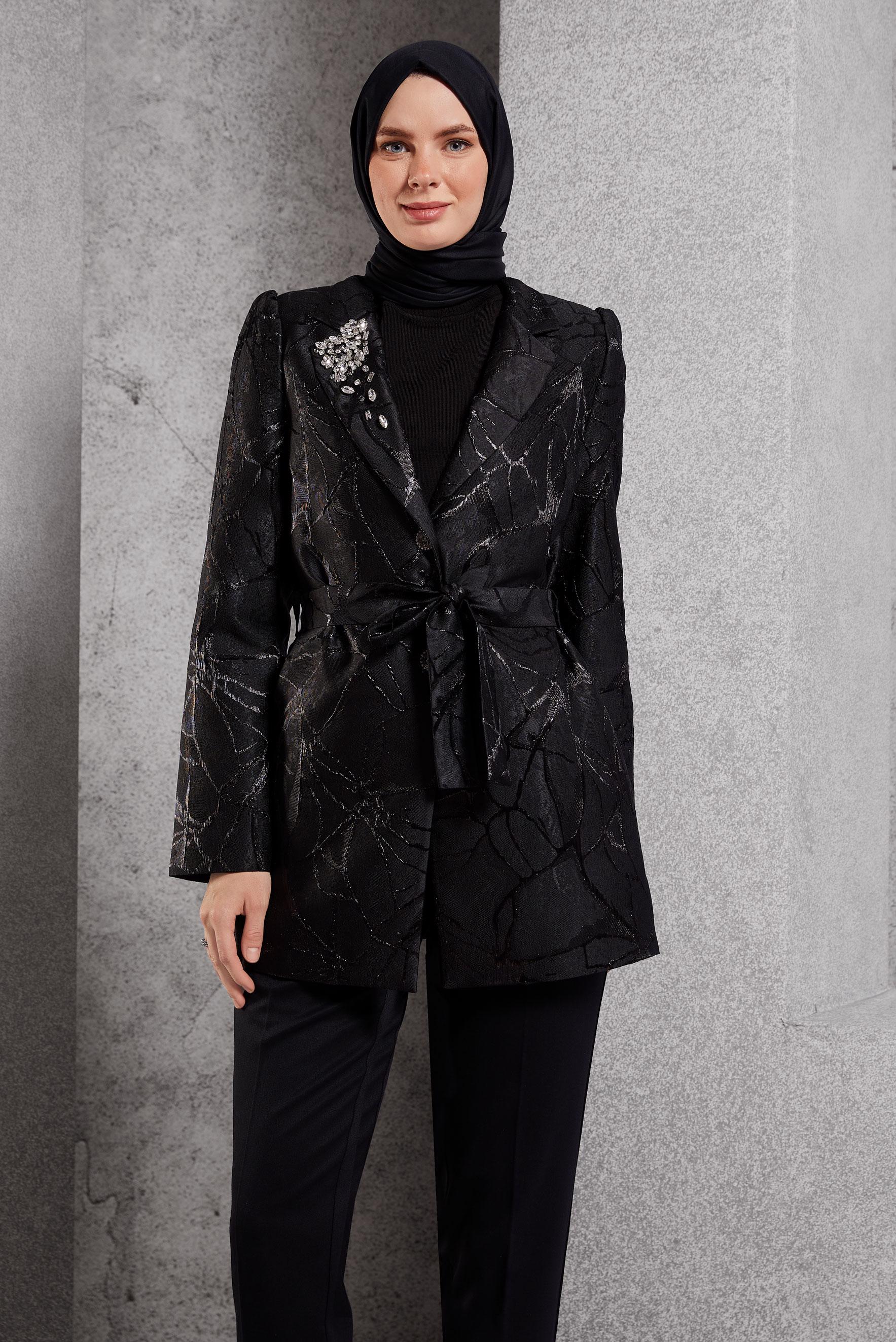Tesettür giyim SİYAH KRUVAZE YAKA JAKAR CEKET 44740
