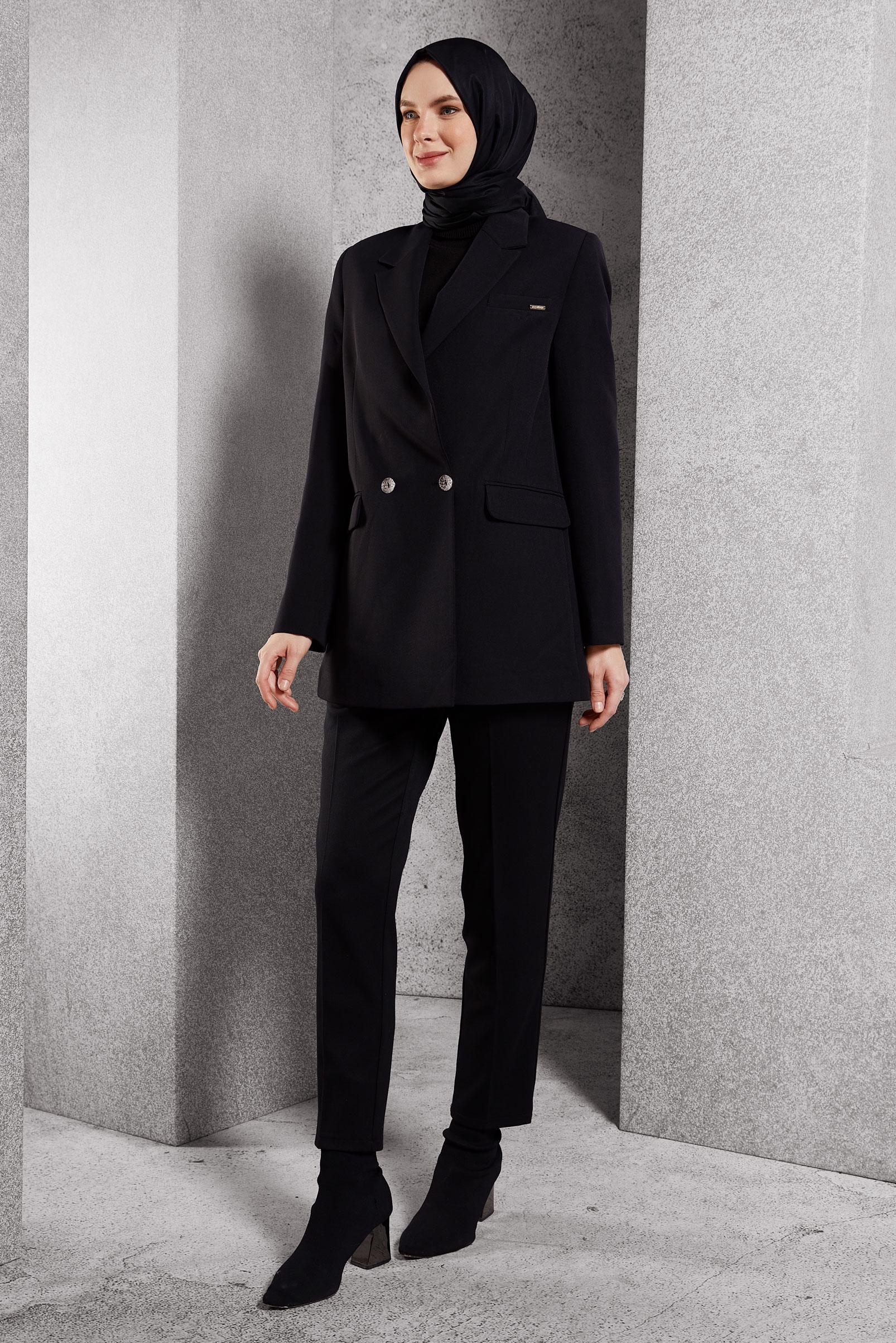 Tesettür giyim SİYAH KRUVAZE YAKA BLAZER CEKET 45046