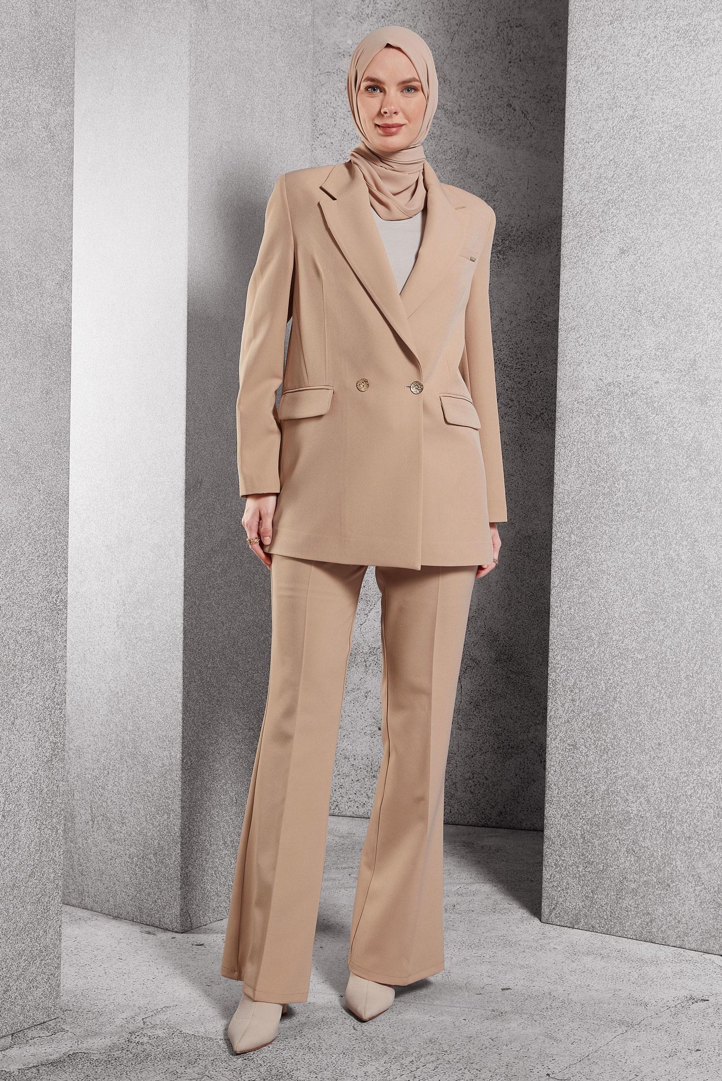 Tesettür giyim BEJ KRUVAZE YAKA BLAZER CEKET 45046