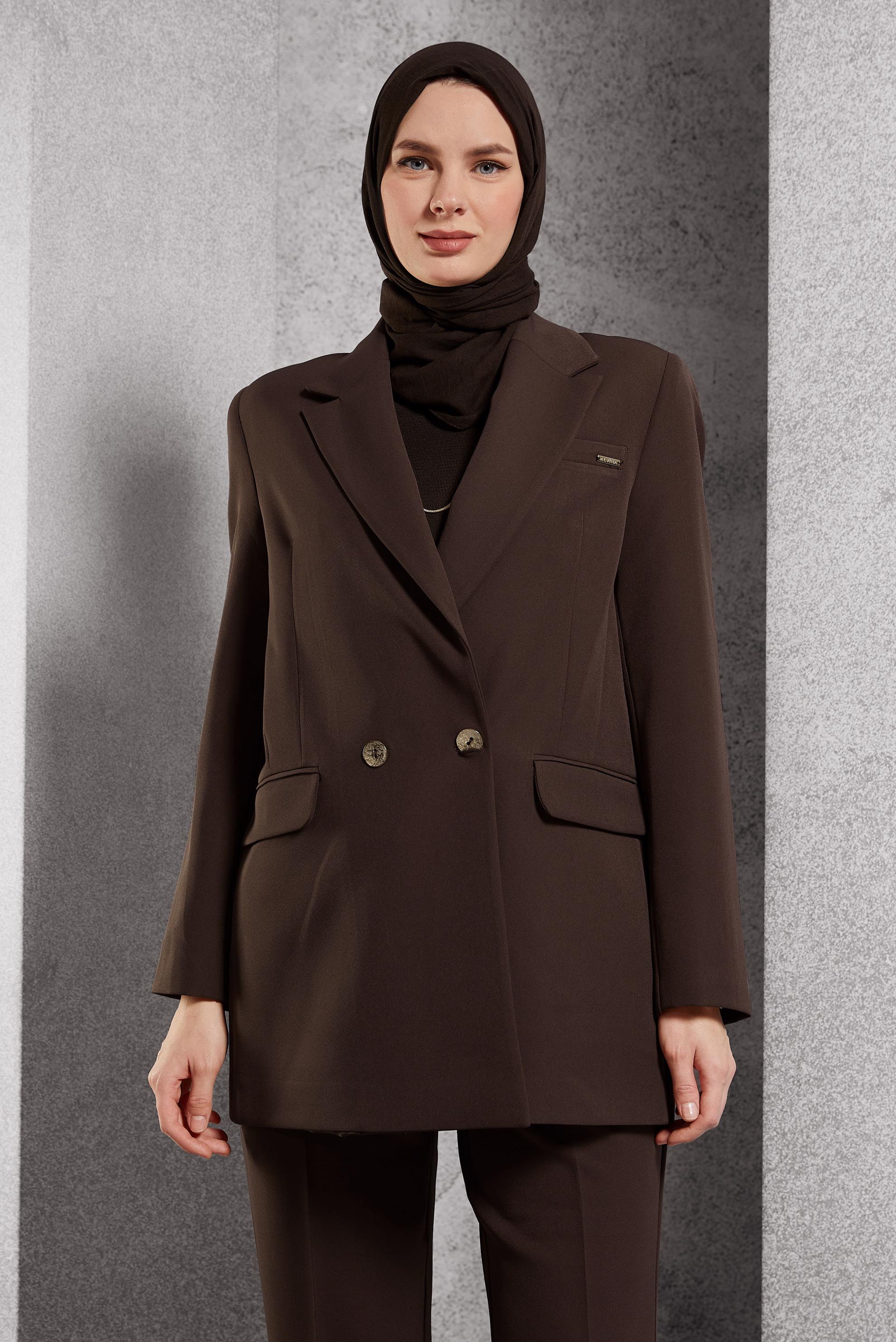 Tesettür giyim KAHVE KRUVAZE YAKA BLAZER CEKET 45046