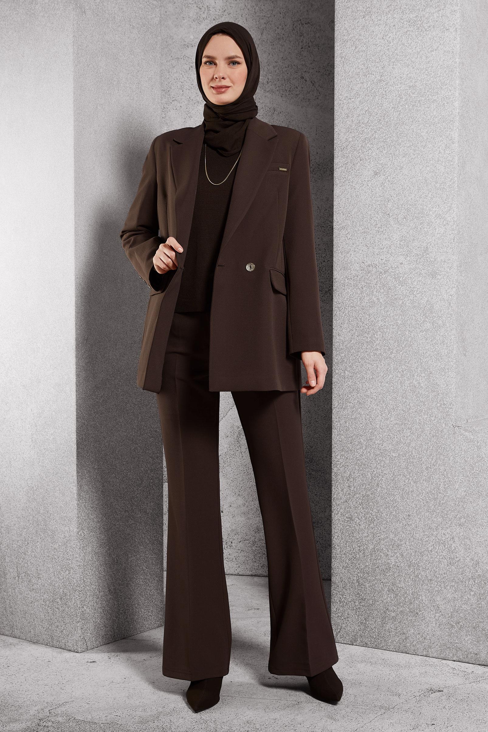 Tesettür giyim KAHVE KRUVAZE YAKA BLAZER CEKET 45046