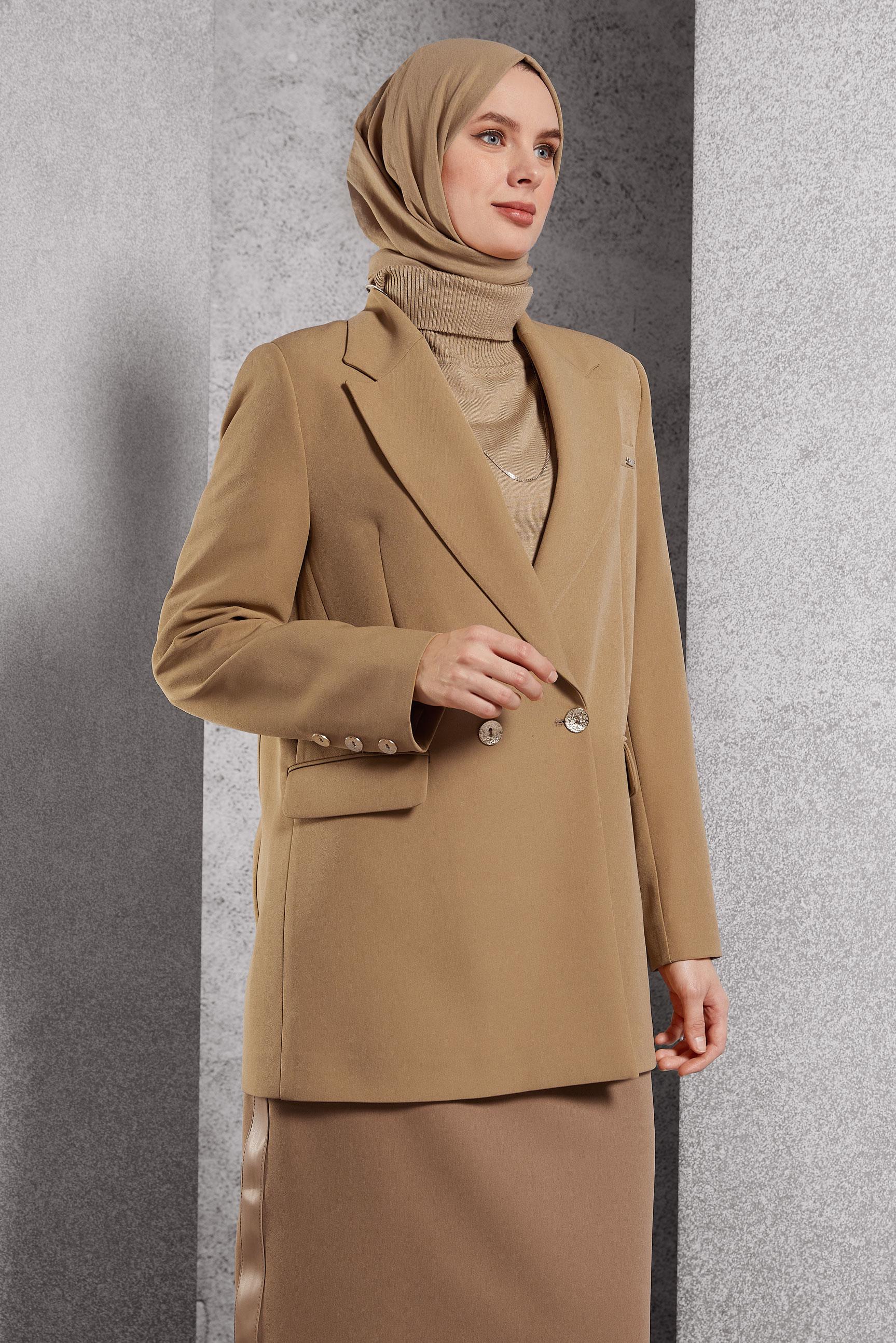 Tesettür giyim KAHVE KRUVAZE YAKA BLAZER CEKET 45046