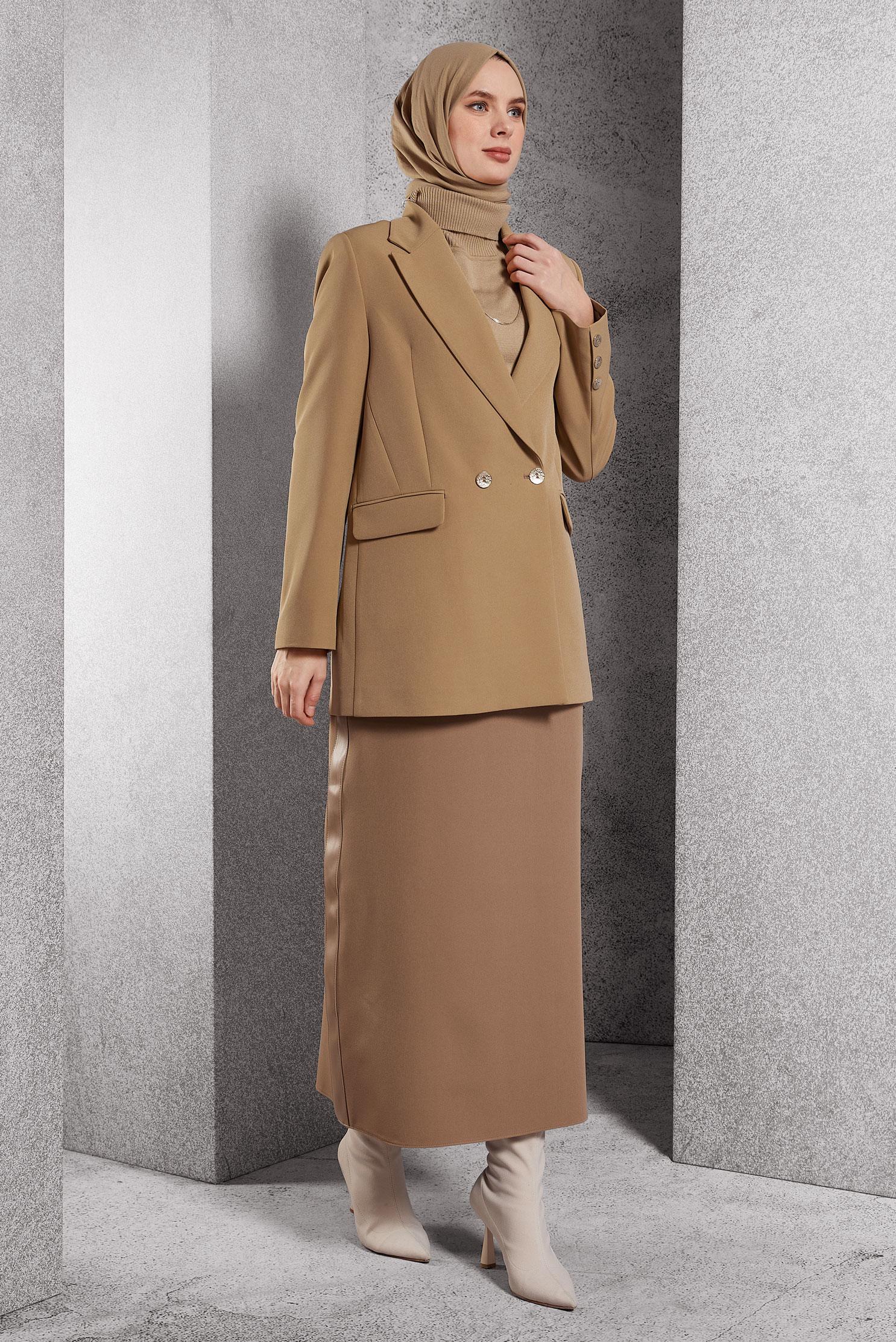 Tesettür giyim KAHVE KRUVAZE YAKA BLAZER CEKET 45046