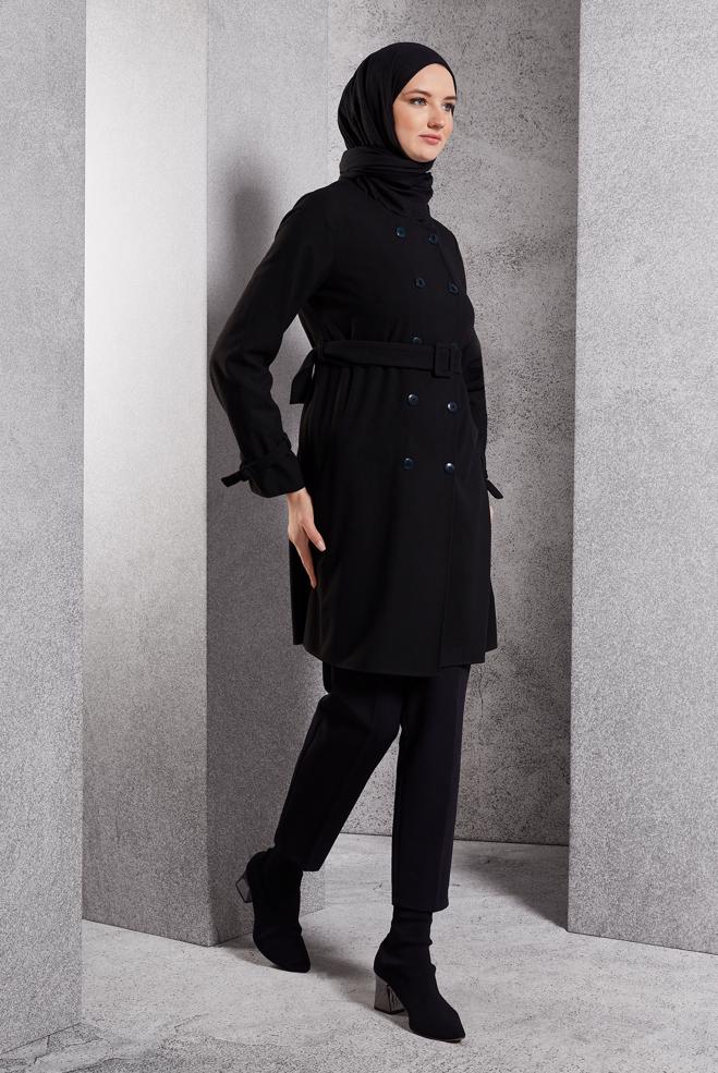 Hijab clothing BLACK BELTED JACKET 45167 - ALVİNA