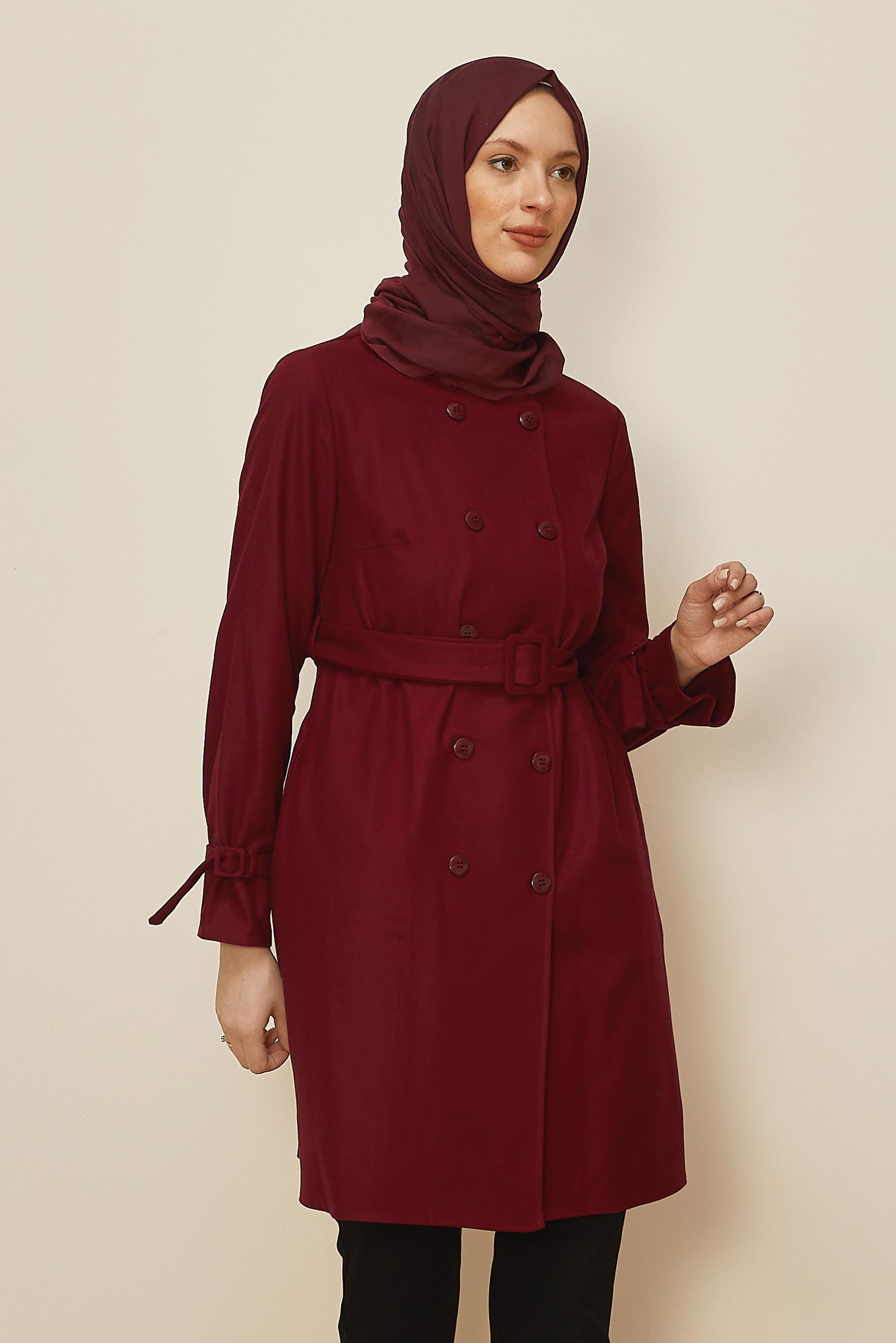Tesettür giyim KIRMIZI KEMERLİ CEKET 45167