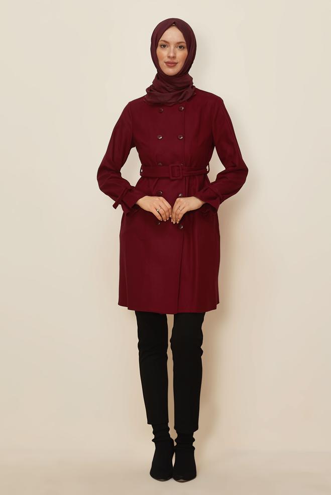 Tesettür giyim KIRMIZI KEMERLİ CEKET 45167 - ALVİNA