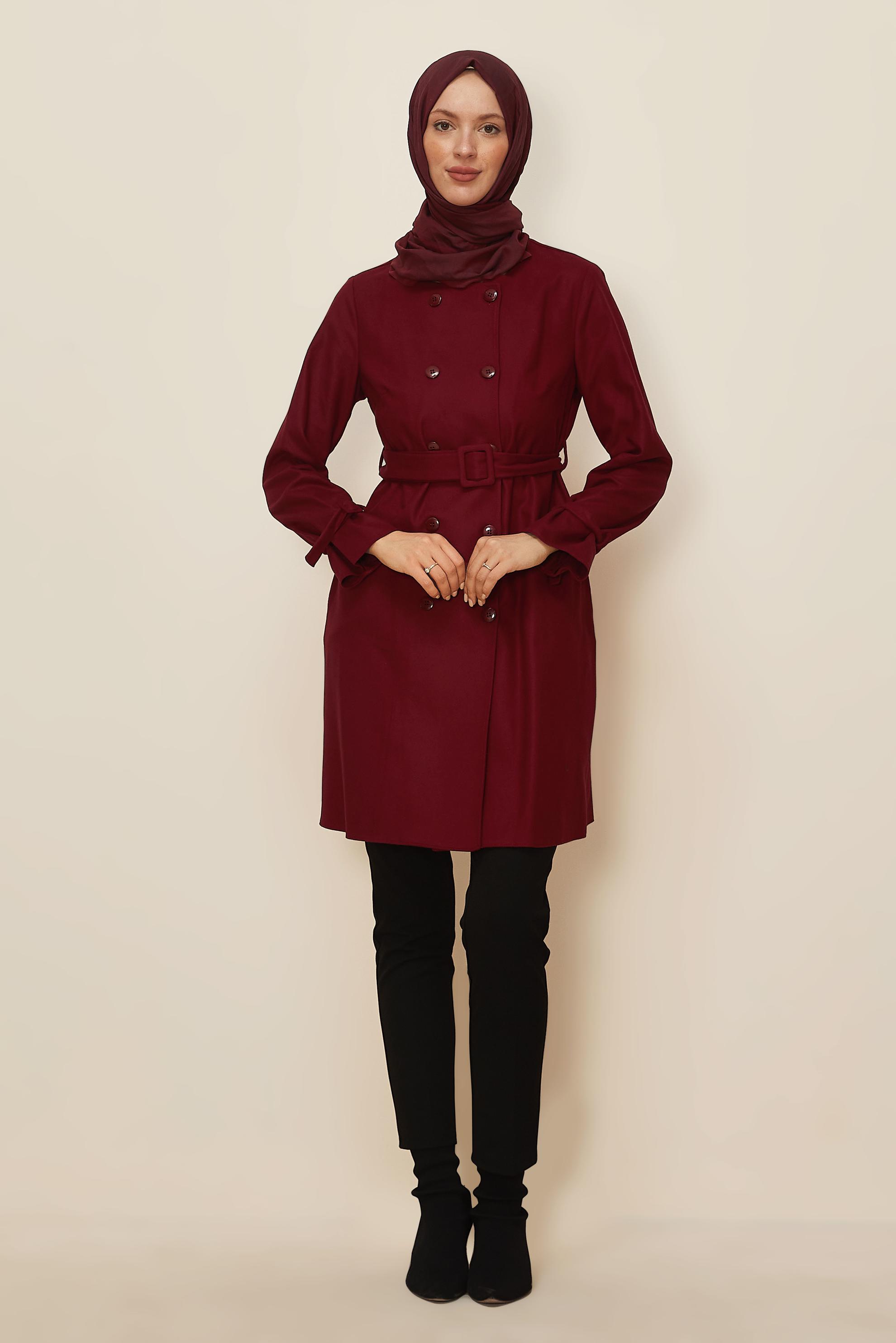 Tesettür giyim KIRMIZI KEMERLİ CEKET 45167