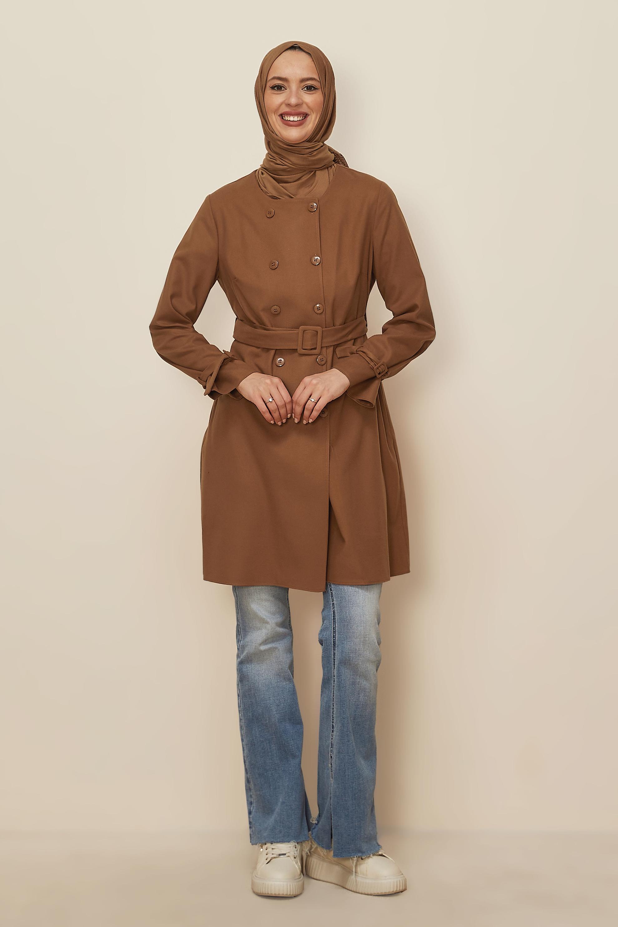Tesettür giyim TABA KEMERLİ CEKET 45167
