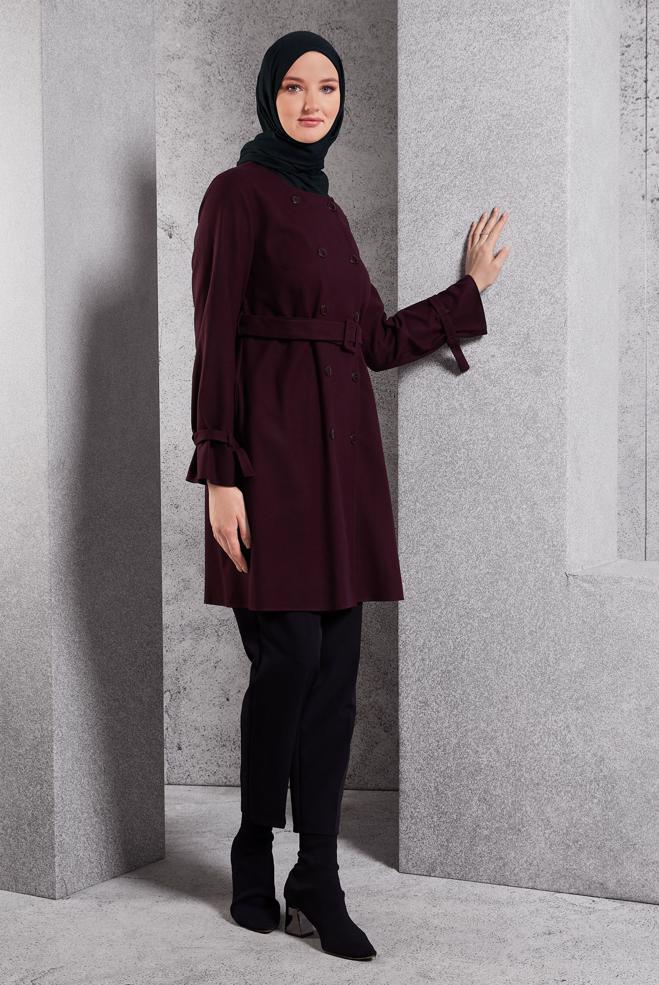 Hijab clothing CLARET RED BELTED JACKET 45167 - ALVİNA