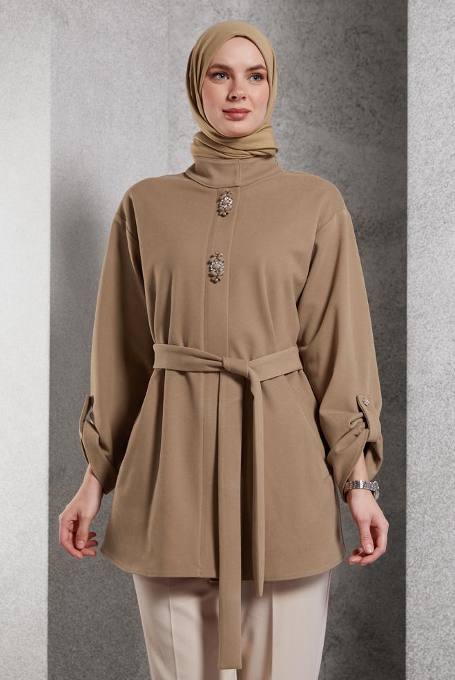Vêtements hijab BRUN VESTE CEINTURÉE 45220 - ALVİNA