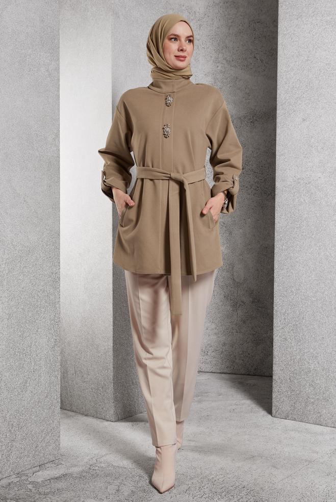 Vêtements hijab BRUN VESTE CEINTURÉE 45220 - ALVİNA