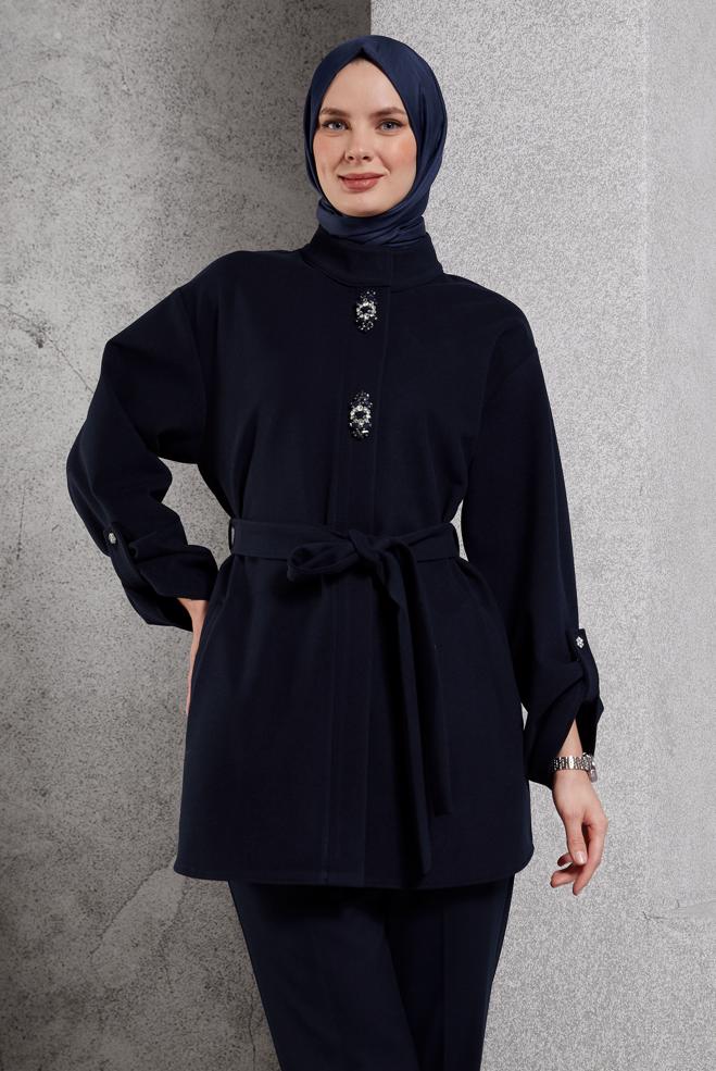 Vêtements hijab BLEU MARINE VESTE CEINTURÉE 45220 - ALVİNA