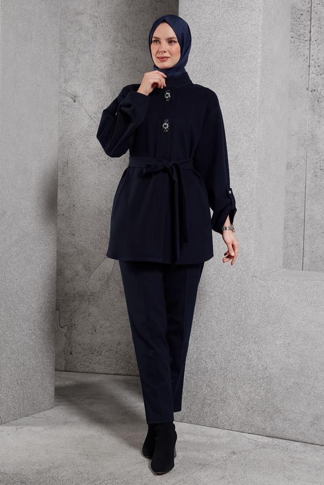 Vêtements hijab BLEU MARINE VESTE CEINTURÉE 45220 - ALVİNA