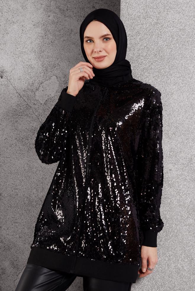 Vêtements hijab NOIR VESTE À PAILLETTES 45221 - ALVİNA