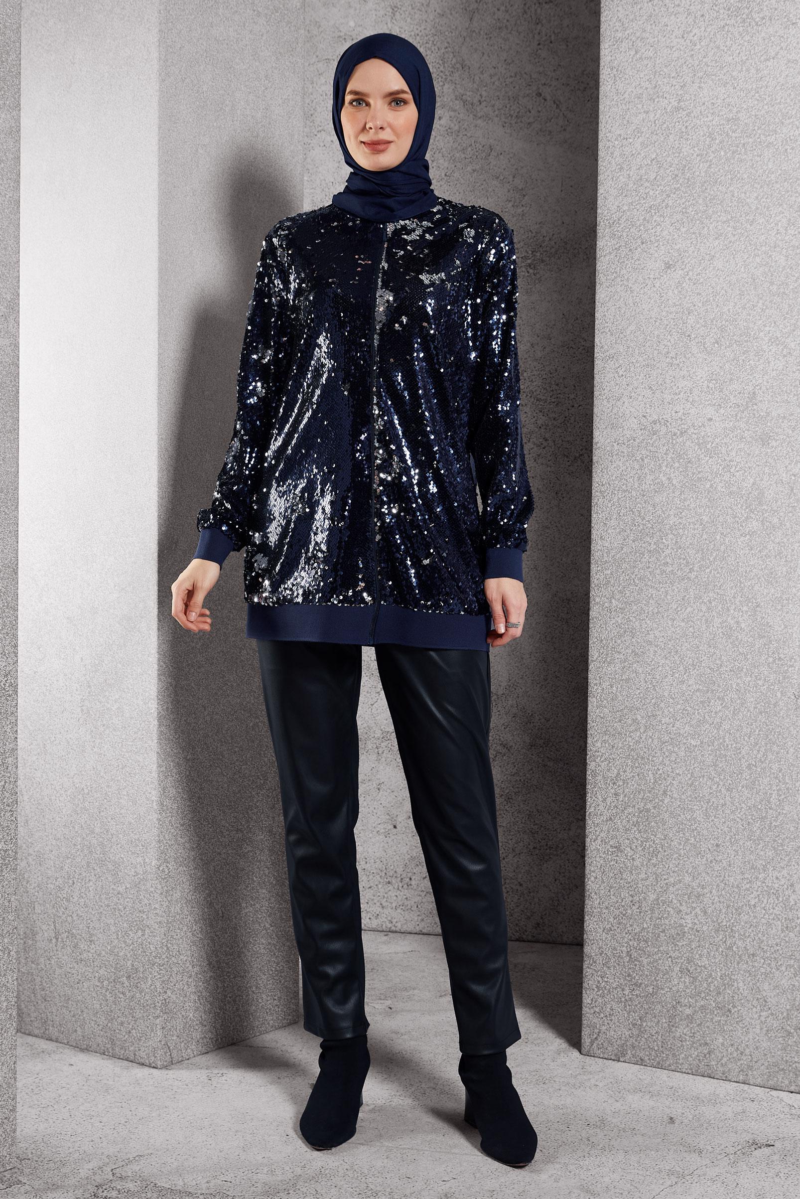 Tesettür giyim LACİVERT PUL PAYETLİ CEKET 45221