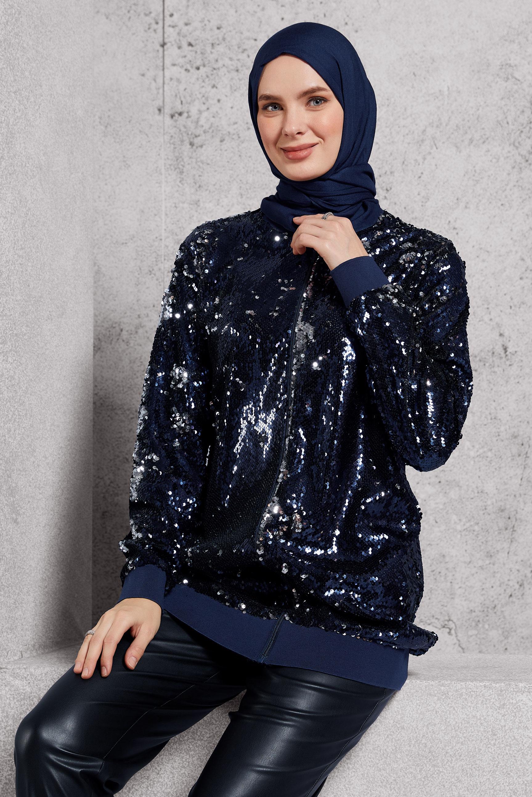 Tesettür giyim LACİVERT PUL PAYETLİ CEKET 45221